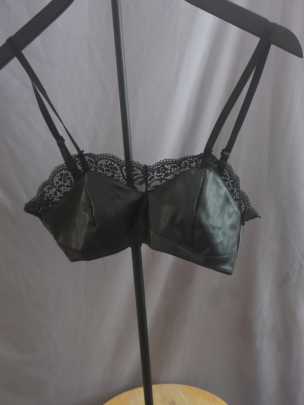 Lace-Trim Faux Leather Bralette 12 In Wide And Stretch With A Bra Type Closure